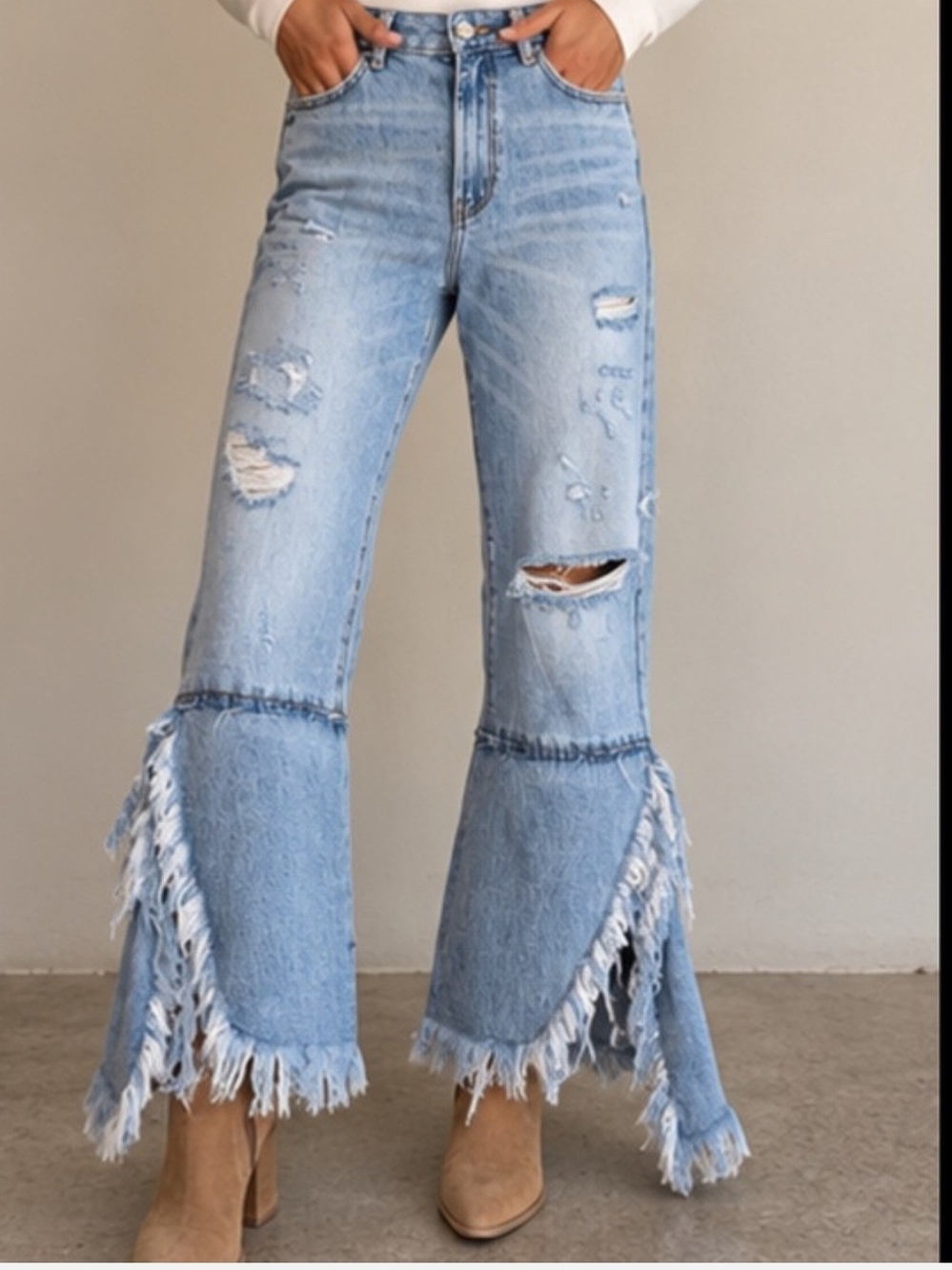 Zara Light Blue Distressed Flare Jeans with Fringed Panels Size 4